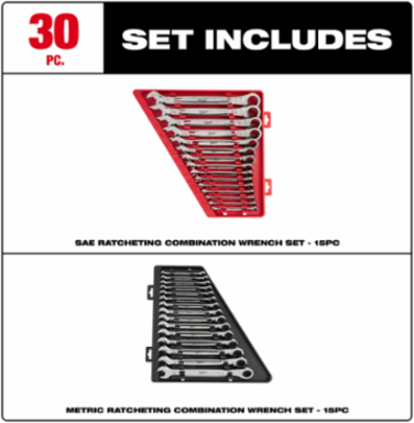15pc Ratcheting Combination Wrench Set - 2.5° Arc Swing, Chrome Vanadium Steel, 144 Positions