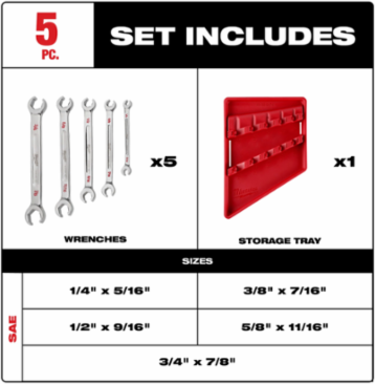 5-Piece Double End Flare Nut Wrench Set - SAE, Chrome Vanadium Steel, 1/4" x 5/16" to 3/4" x 7/8" Sizes