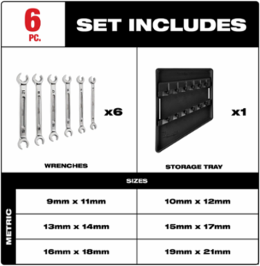 6-Piece Double End Flare Nut Wrench Set - Metric, Chrome Vanadium Steel, 15° Offset