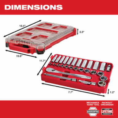 3/8 Inch 28 Pc Ratchet & Socket Set with 90-Tooth Ratchet, Alloy Steel, PACKOUT Organizer