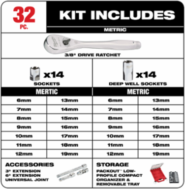 32 Pc. 3/8 Inch Ratchet and Socket Set with PACKOUTTM Organizer