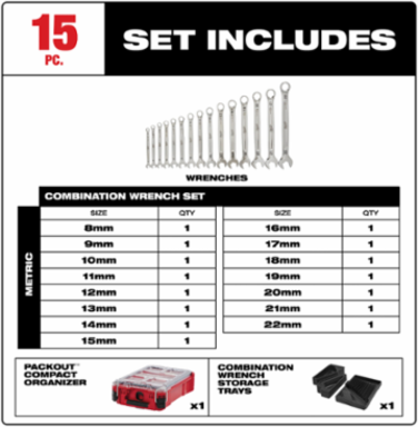 15pc Metric Combination Wrench Set with PACKOUT™ Compact Organizer
