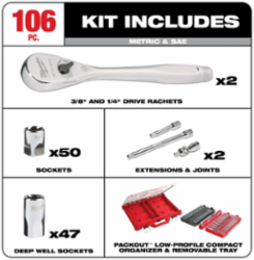 106 Pc. Ratchet and Socket Set - 1/4 in & 3/8 in Drive, PACKOUT Organizer