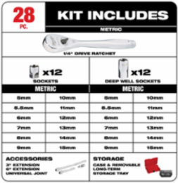 1/4 Inch Drive 28 Piece Metric Ratchet & Socket Set, Alloy Steel