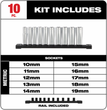 10pc 3/8 Inch Metric Deep Well Socket Set with Chrome Finish & FOUR FLATTM Sides