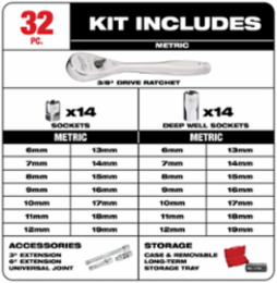 3/8 Inch Drive 32 Piece Metric Ratchet & Socket Set, Alloy Steel