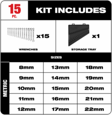 15-Piece Metric Flex Head Ratcheting Combination Wrench Set with 2.5-Degree Arc Swing
