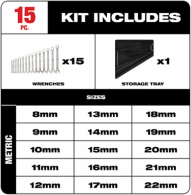 15-Piece Metric Combination Wrench Set, Chrome Vanadium Steel