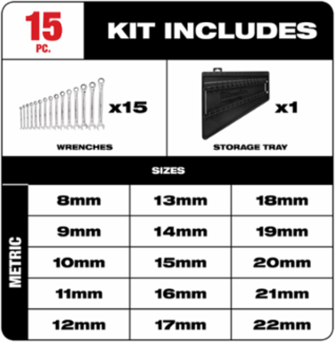 15-Piece Metric Ratcheting Combination Wrench Set, Chrome Vanadium Steel, 2.5° Arc Swing, MAX BITE™ Grip