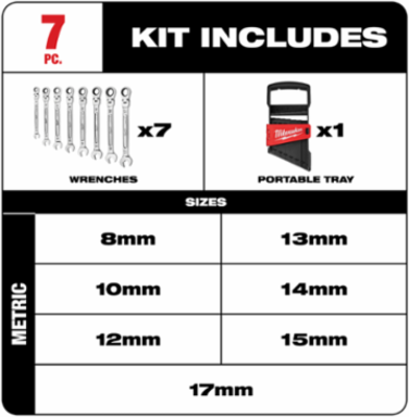 7-Piece Metric Flex Head Ratcheting Wrench Set, 2.5-Degree Arc Swing, Chrome Vanadium Steel