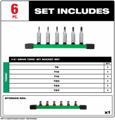 6pc 1/4 Inch Drive TORX Bit Socket Set, S2 Steel, Chrome Plated