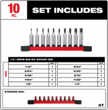 10pc 1/4 Inch Drive Hex Bit Socket Set - S2 Steel, Chrome Finish