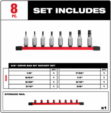 8pc 3/8 Inch Drive Hex Bit Socket Set, Chrome Plated, S2 Steel