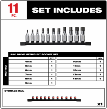 11pc Metric Hex Bit Socket Set, 3/8 Inch Drive, S2 Steel, Chrome Plated