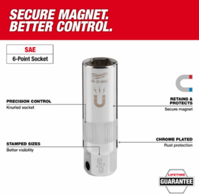3/8 Inch Drive 5/8 Inch Magnetic Spark Plug Socket, Chrome Vanadium Steel, Deep Well