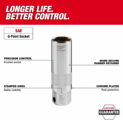 3/8 Inch Drive 13/16 Inch Deep Well Spark Plug Socket, Chrome Vanadium Steel