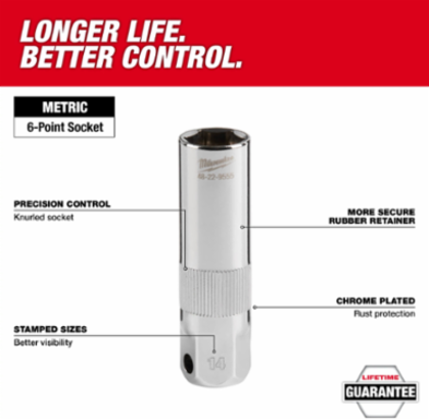 3/8 Inch Drive 14MM Deep Well Spark Plug Socket, Chrome Vanadium Steel