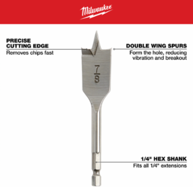 1/2 Inch x 4.5 Inch Flat Boring Bit, High Carbon Steel, Quick Change Shank