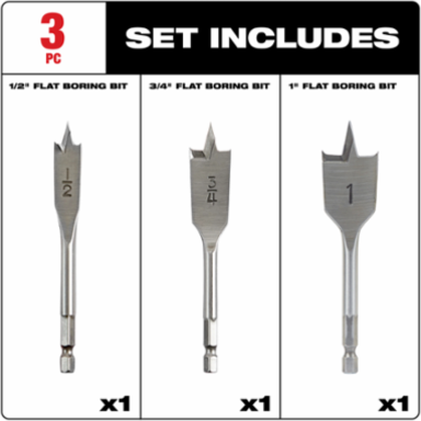 3PC Stubby Flat Boring Set - 1/2 Inch, 3/4 Inch, 1 Inch, High Carbon Steel