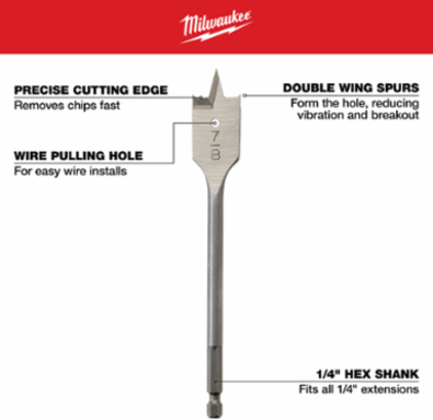 Flat Boring Bit 1-1/8 Inch x 6 Inch, High Speed Steel, Non-Self Feeding