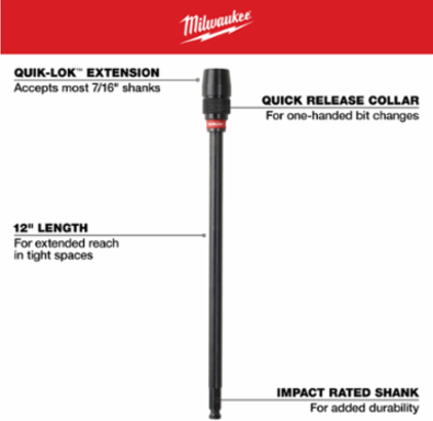 12 Inch x 7/16 Inch Universal QUIK-LOK™ Extension, Impact Rated, Steel