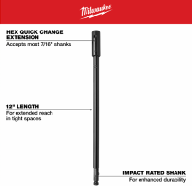 Bit Extension 12 Inch, 7/16 Inch Hex Shank, Steel Material