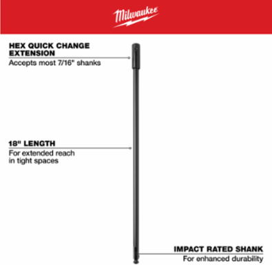 18 Inch Bit Extension, 7/16 Inch Hex Shank, Fits 1 Inch Diameter Bits