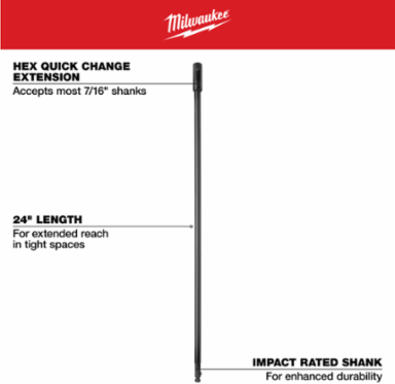 Bit Extension 24 Inch, 7/16 Inch Hex Shank, Steel