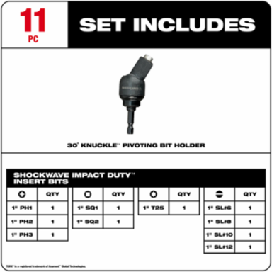 SHOCKWAVE 30° Knuckle Pivoting Bit Holder with 1/4 Inch Hex Shank, Rated 2000 in-lbs Torque