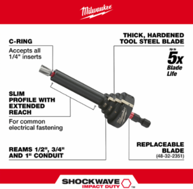 SHOCKWAVE™ Conduit Reaming Bit Holder, Reams 1/2, 3/4 & 1 Inch EMT, Steel