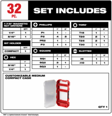 SHOCKWAVE Impact Duty 32PC Driver Bit Set, 1" Insert & Compact Magnetic Holder