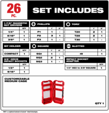 SHOCKWAVE™ 26PC Impact Duty Drive and Fasten Set - Includes 1" Insert Bits and Magnetic Nut Drivers
