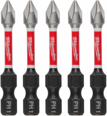 SHOCKWAVE™ 2 Inch Phillips #1 Impact Driver Bits, 5 Pack, Steel