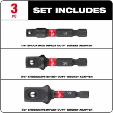 SHOCKWAVE Impact Duty Socket Adapter Set, 1/4 Inch, 3/8 Inch, 1/2 Inch, 3 Pieces