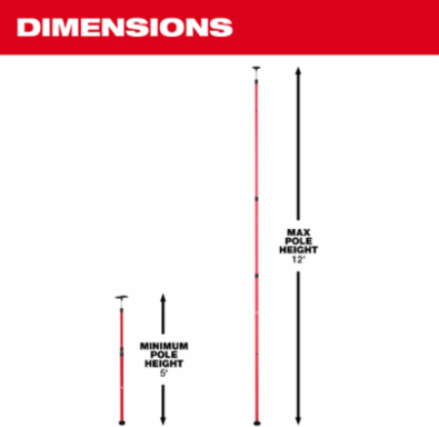 12ft Telescoping Laser Pole, Aluminum, 4.42 lb, Quick Release Clamp