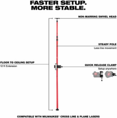 12ft Telescoping Laser Pole, Aluminum, 4.42 lb, Quick Release Clamp