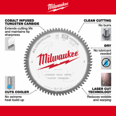 10 Inch Aluminum Cutting Circular Saw Blade, 72 Teeth, Carbide-Tipped
