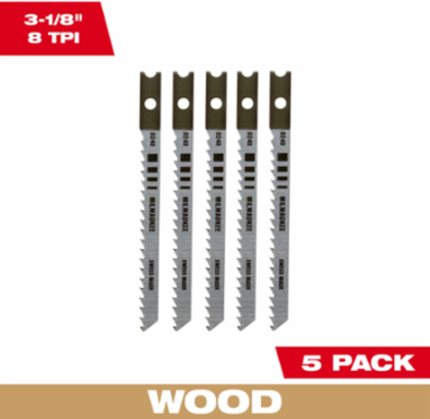 3-1/8 Inch 8 TPI U-Shank High Carbon Steel Jig Saw Blades (5 Pack)