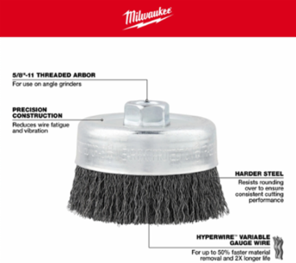 3-1/2 Inch Crimped Wire Cup Brush, Carbon Steel, 12000 RPM