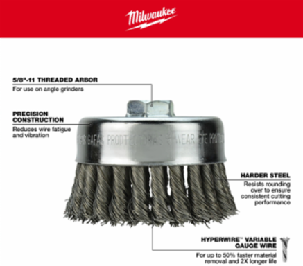 3-1/2 Inch Knot Wire Cup Brush - Carbon Steel, Coarse, 0.625 Inch Arbor, 13000 RPM