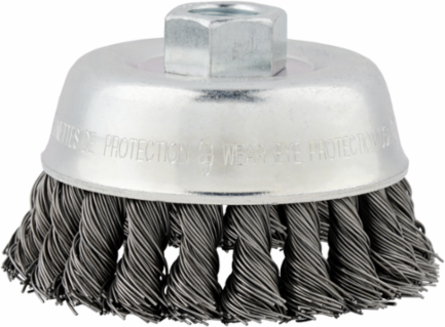 3-1/2 Inch Knot Wire Cup Brush - Carbon Steel, Coarse, 0.625 Inch Arbor, 13000 RPM