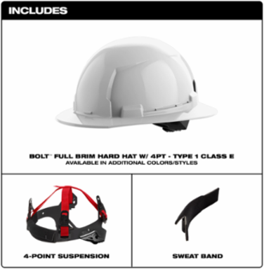 White Full Brim Hard Hat, Type 1 Class E, Impact Resistant, Adjustable Fit