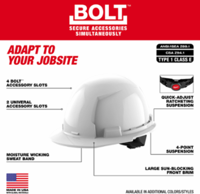 Black Front Brim Hard Hat Type 1 Class E with Adjustable Fit and BOLTTM Accessories