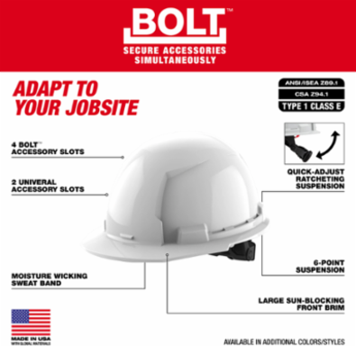Black Front Brim Hard Hat, Type 1 Class E, HDPE, 6-Point Suspension