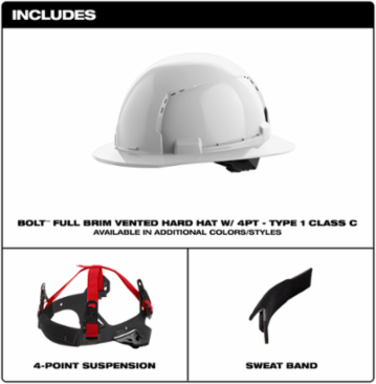 White Full Brim Vented Hard Hat, Type 1 Class C, Adjustable Fit