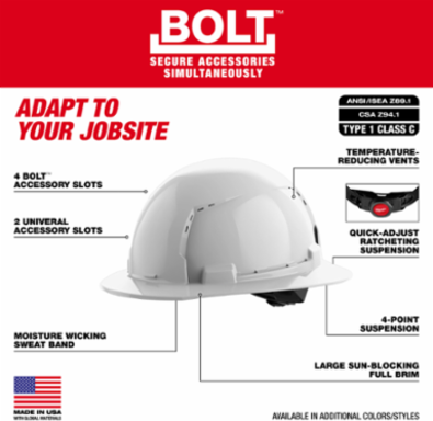 Red Full Brim Vented Hard Hat - Type 1 Class C, Adjustable Fit, Impact Resistant
