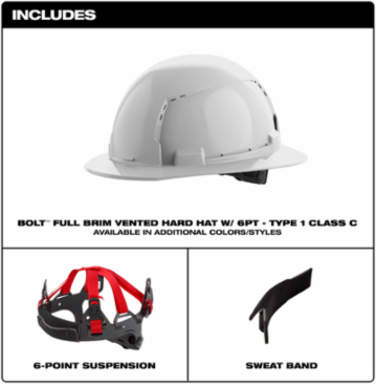 Red Full Brim Vented Hard Hat, Type 1 Class C, Adjustable Fit