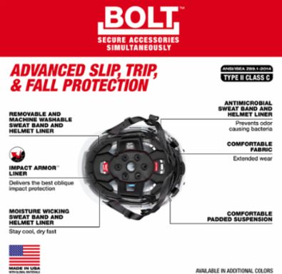 BOLT Red Vented Safety Helmet with IMPACT ARMOR Liner, ANSI Type 2 Class C