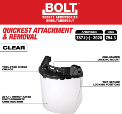 BOLT™ Task Full Face Shield - Clear Uncoated Lens (Compatible with Milwaukee® BOLT™ Safety Helmets & BOLT™ Hard Hats)
