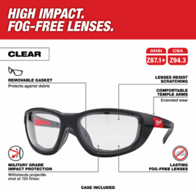 Clear High Performance Safety Glasses with Gasket, Military Grade Protection